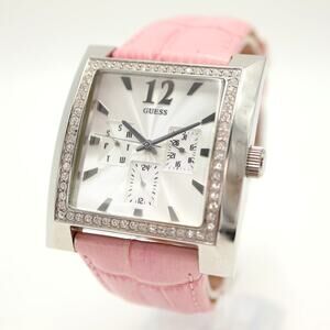 Guess X Elle Silver Tone Square Date Date 38mm Watch Y2K Gem Bezel Pink Leather